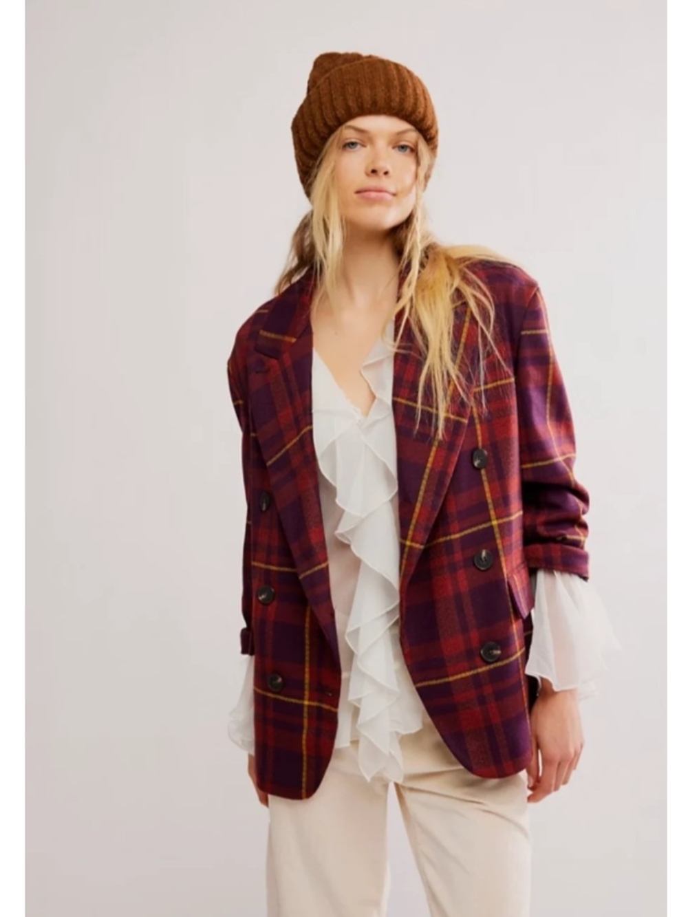 Free People Burgundy Plaid Double-Breasted Blazer